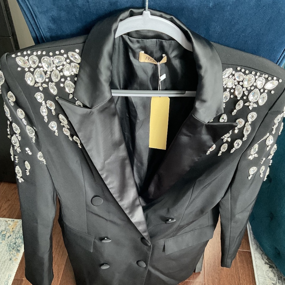 Pegasi Black Double Breasted Blazer with Embellishment